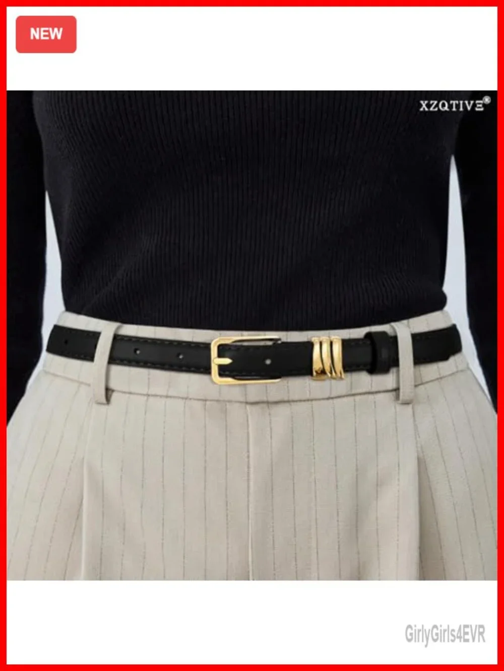 Women Skinny Leather Belt with Gold Buckle and Metal Loops for Dresses Jeans